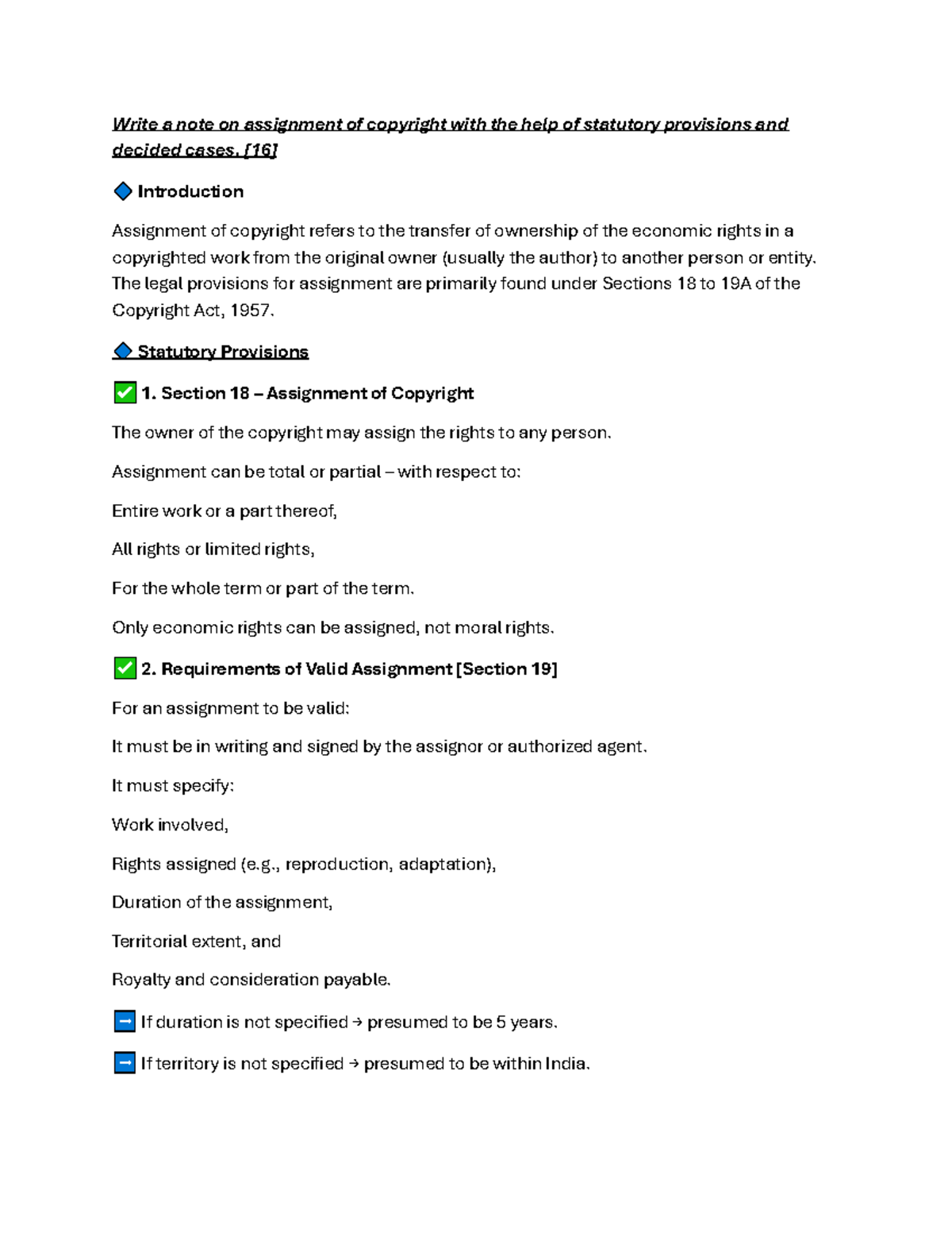 Assignment of Copyright: Statutory Provisions & Case Law Analysis - Studocu