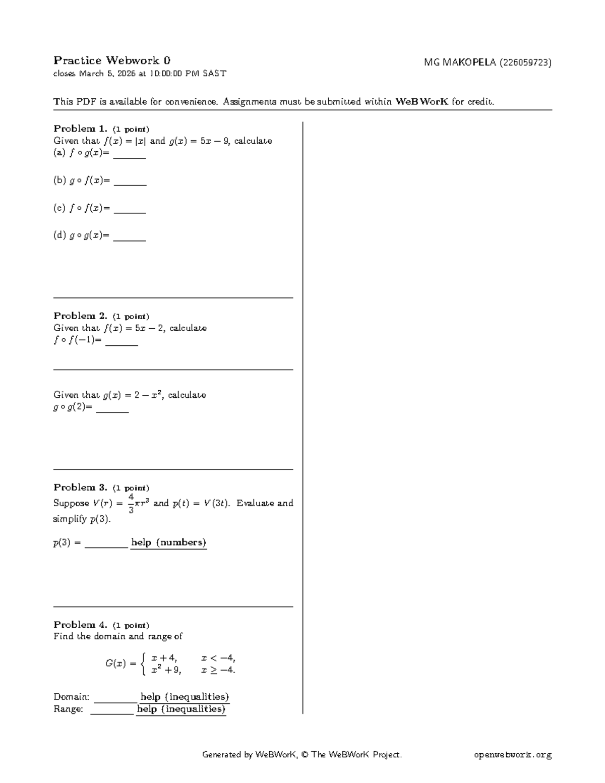 MATE1A1 2026 - Practice Webwork 0 Assignment Details - Studocu