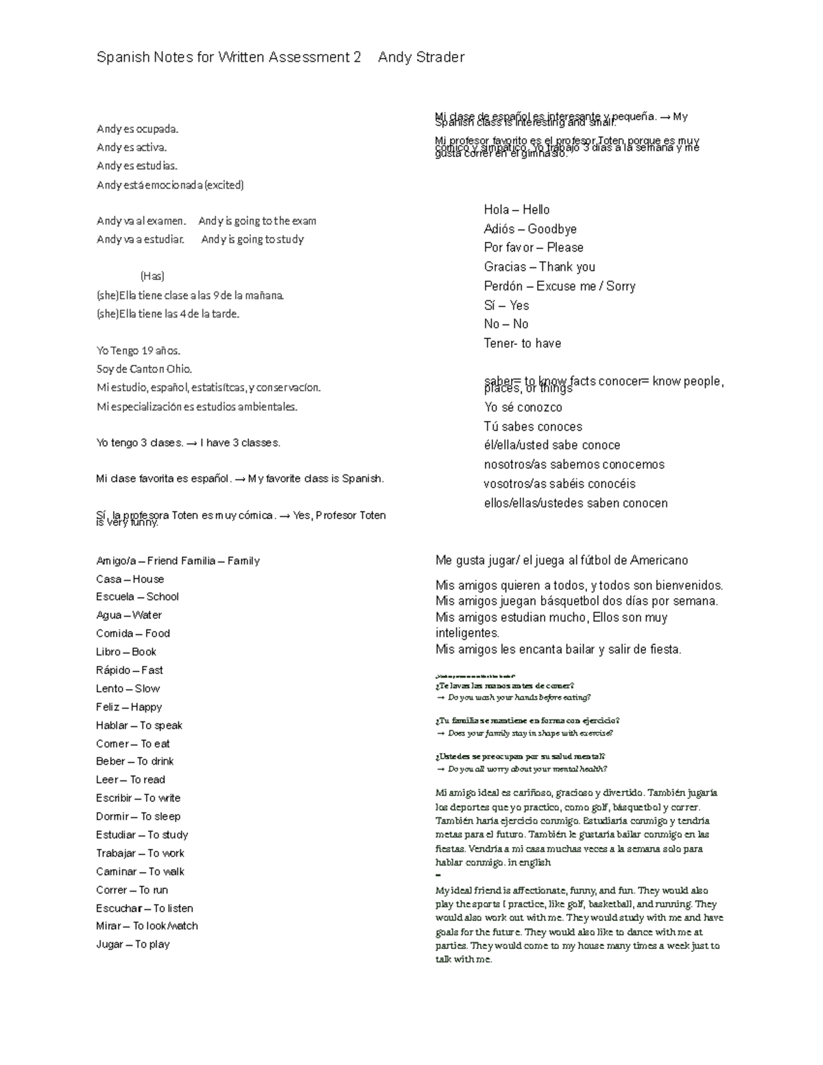 Spanish Notes for Written Assessment 2: Key Vocabulary and Phrases ...