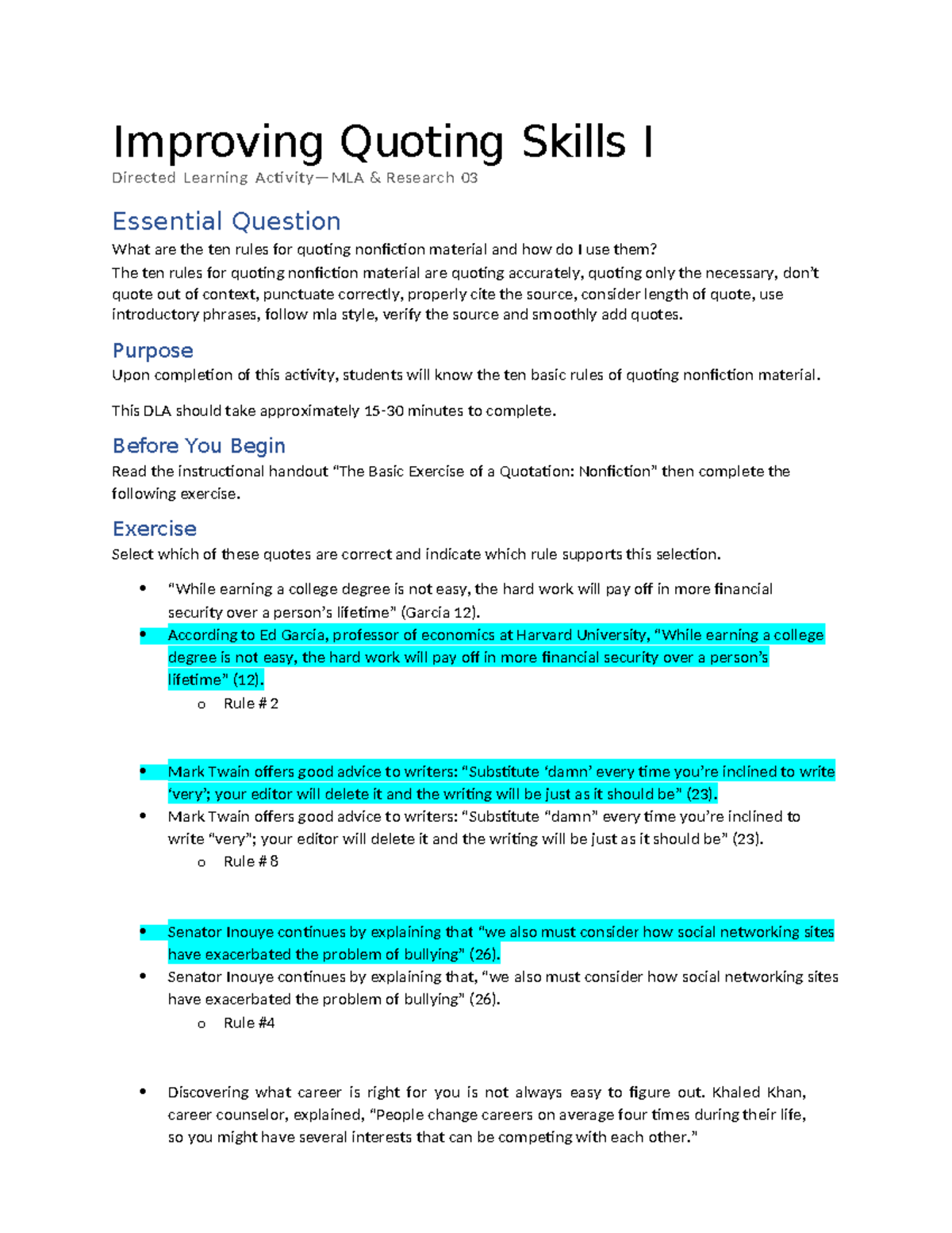 DLA#6 - M.3 Quoting Skills: Mastering the 10 Rules for Nonfiction - Studocu