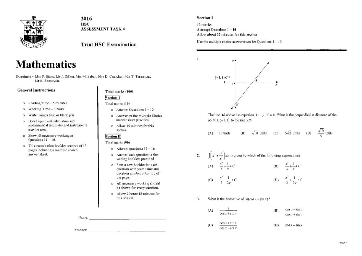 Mathematics HSC Trial Exam 2008: Comprehensive Assessment Tasks - Studocu
