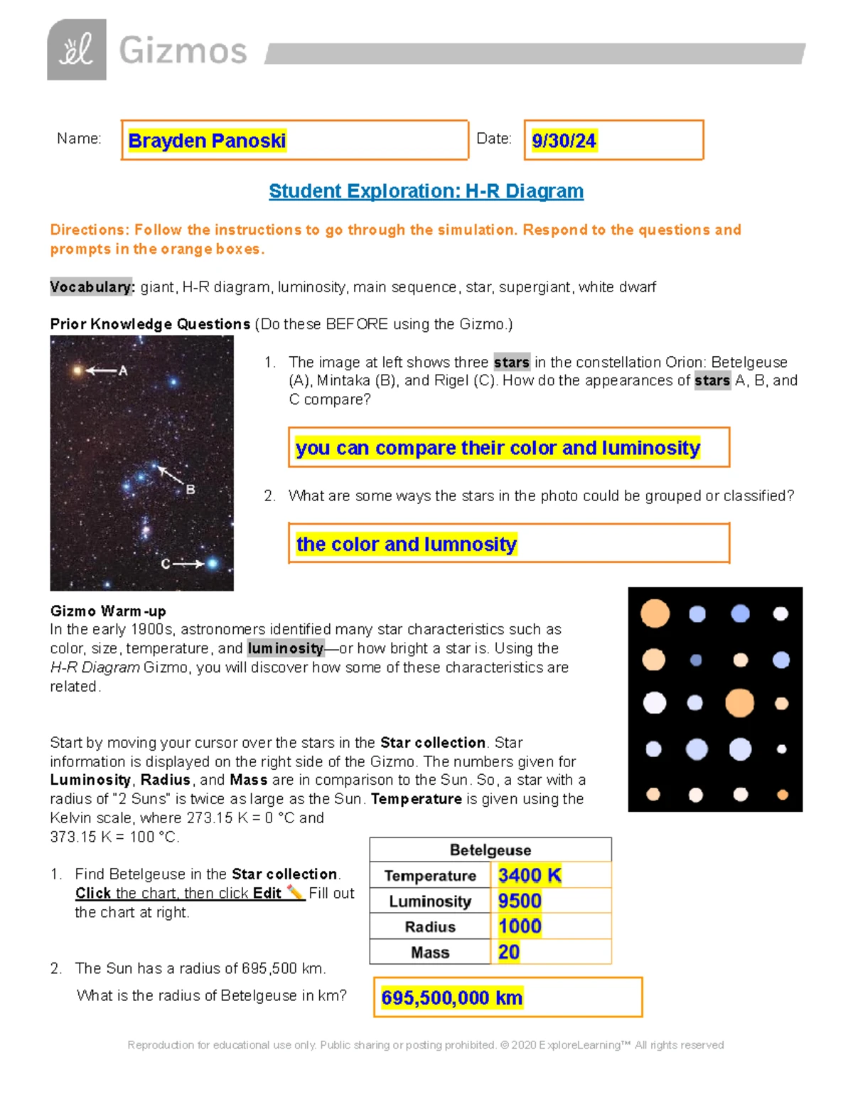 Copy of Day 32 Star Spectra Gizmo - Name: Brayden Date: 9/26/ Student ...