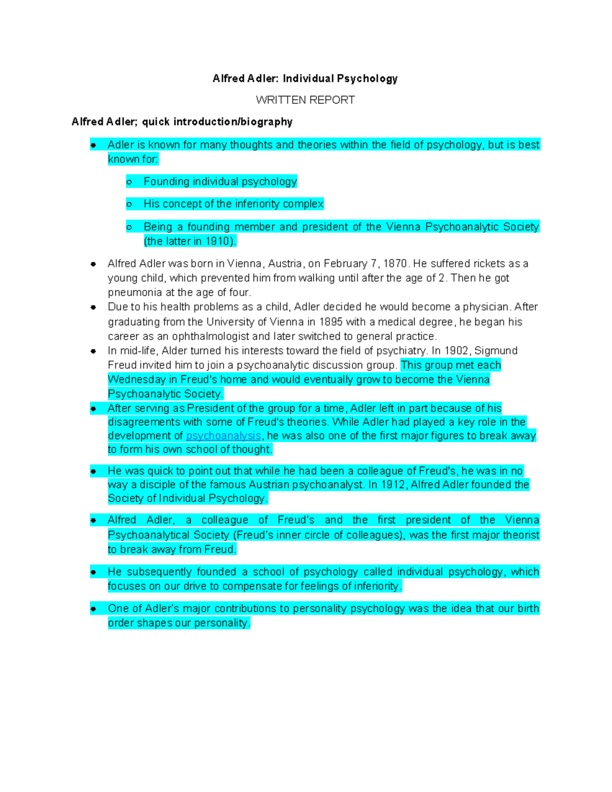 **PSY 101: Alfred Adler's Individual Psychology Report** - Studocu