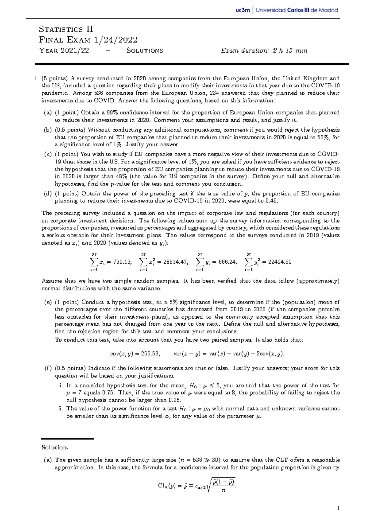 EF 22 ENE - Exam 2022 - Statistics II Final Exam 1/24/ Year 2021/22 ...