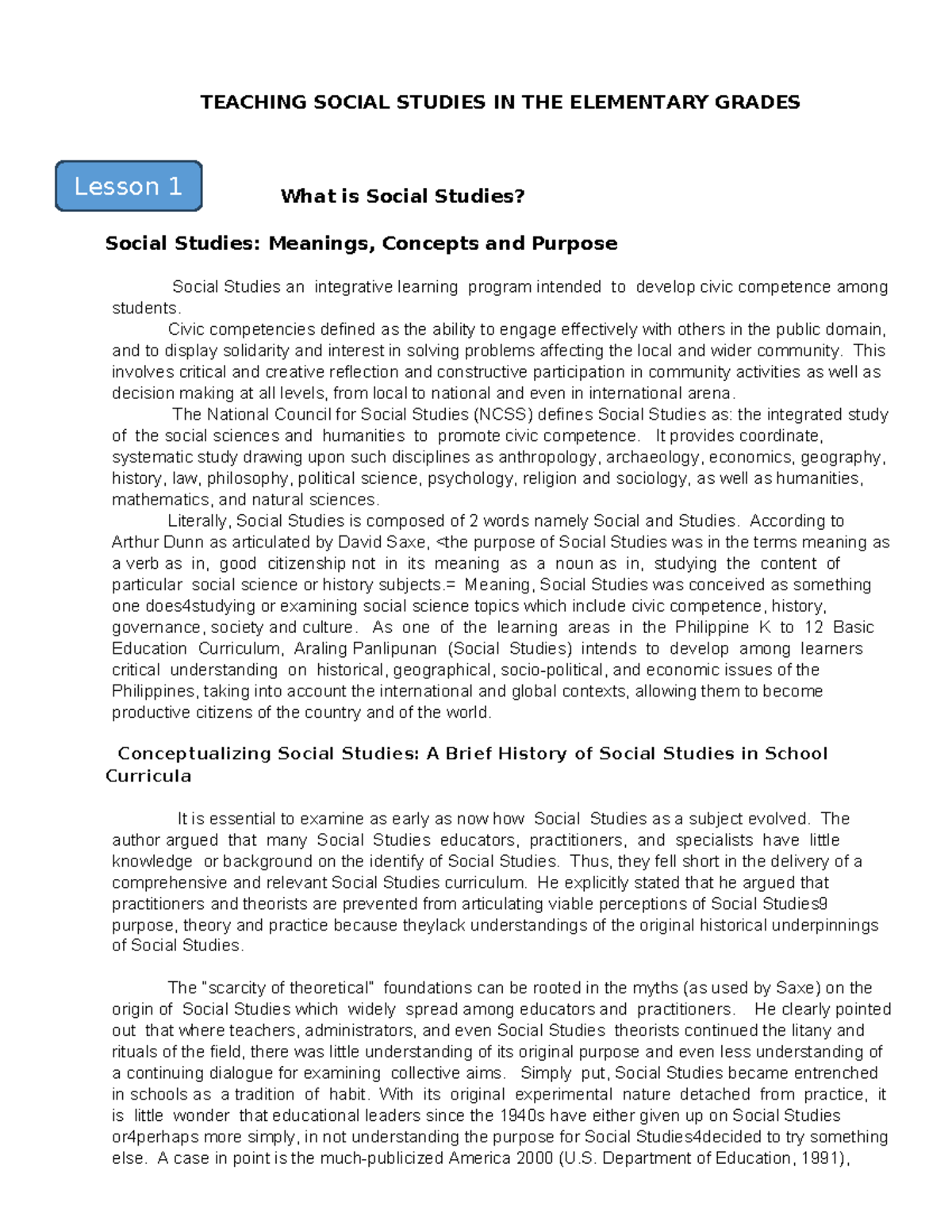 Teaching Social Studies: Understanding the Elementary Grades Curriculum ...