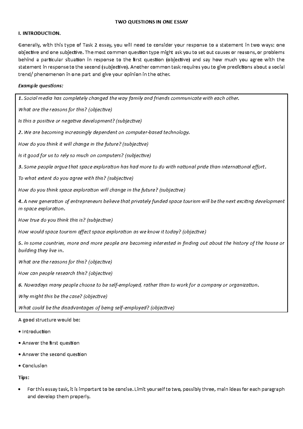 Two-part essays - rtg - TWO QUESTIONS IN ONE ESSAY I. INTRODUCTION ...