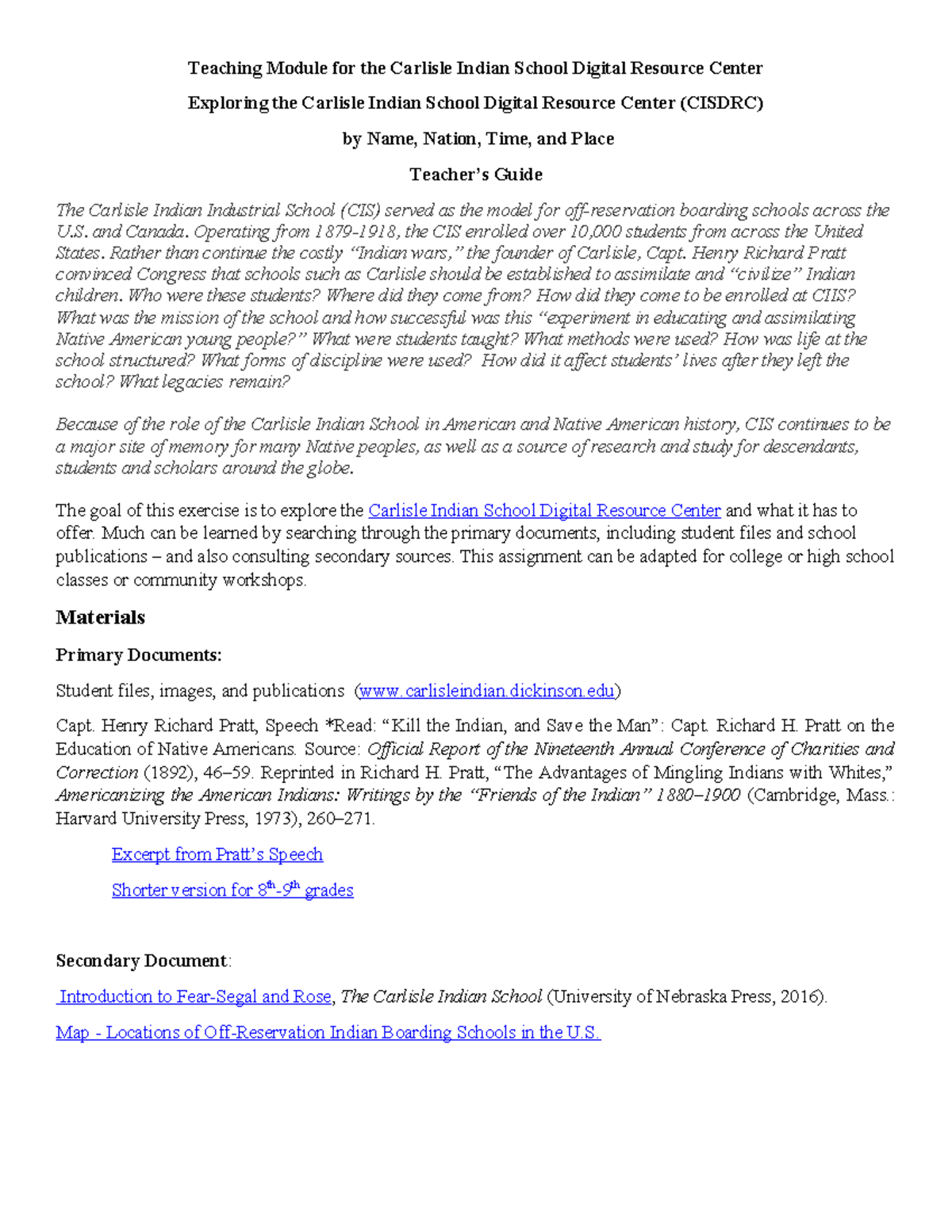 CIS-Lesson Plan: Exploring the Carlisle Indian School Experience - Studocu
