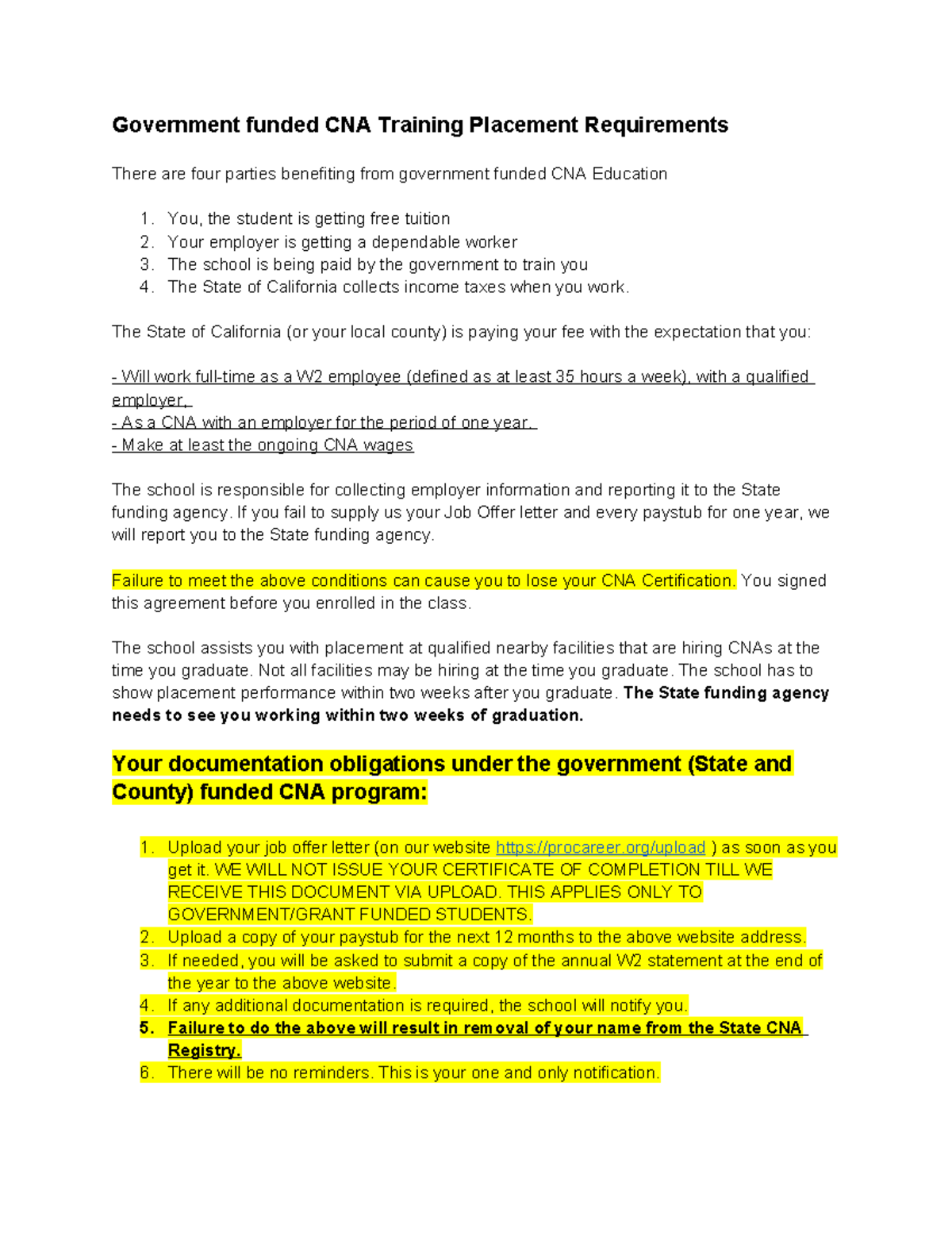 CNA Training Placement Requirements for Government Funded Programs ...