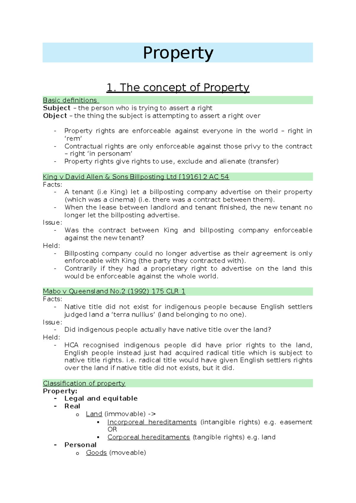 Property Law Notes: Key Concepts and Case Analyses (LAW 101) - Studocu