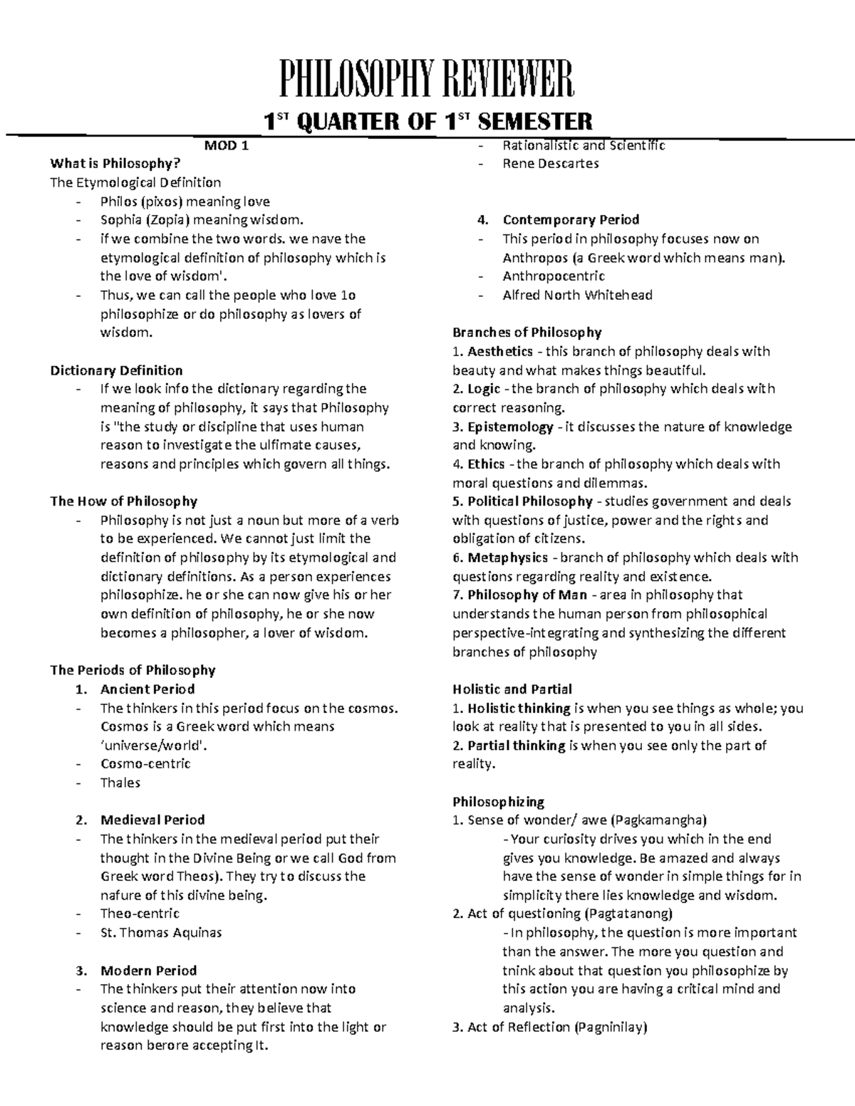 PHIL 101: Philosophy Reviewer for 1st Quarter of 1st Sem. - Studocu