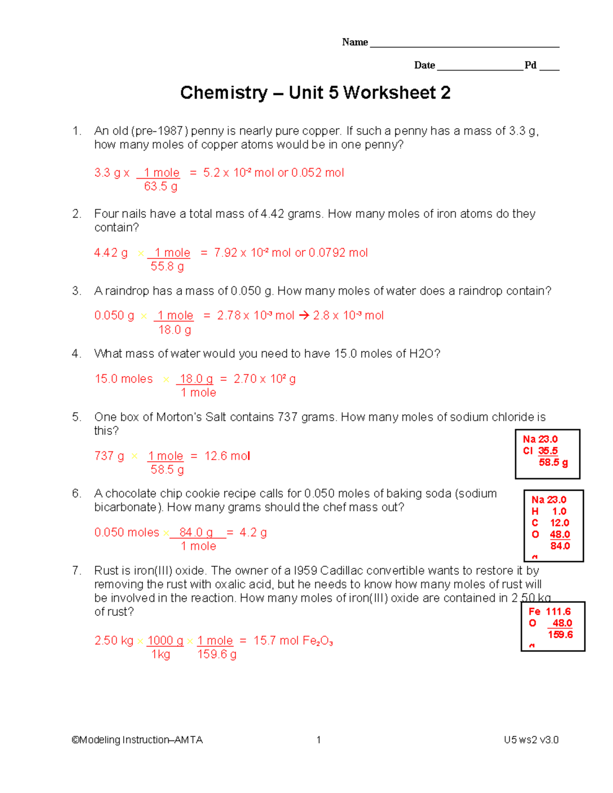 Chemistry Unit 5 Worksheet 2 Moles and Mass Calculations Studocu