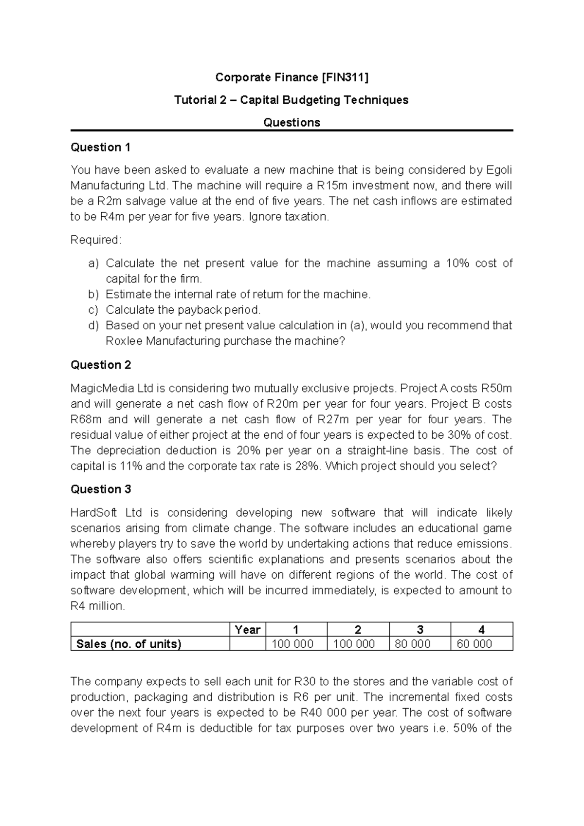 Fin311 Tut 2: Capital Budgeting Techniques Questions - Studocu