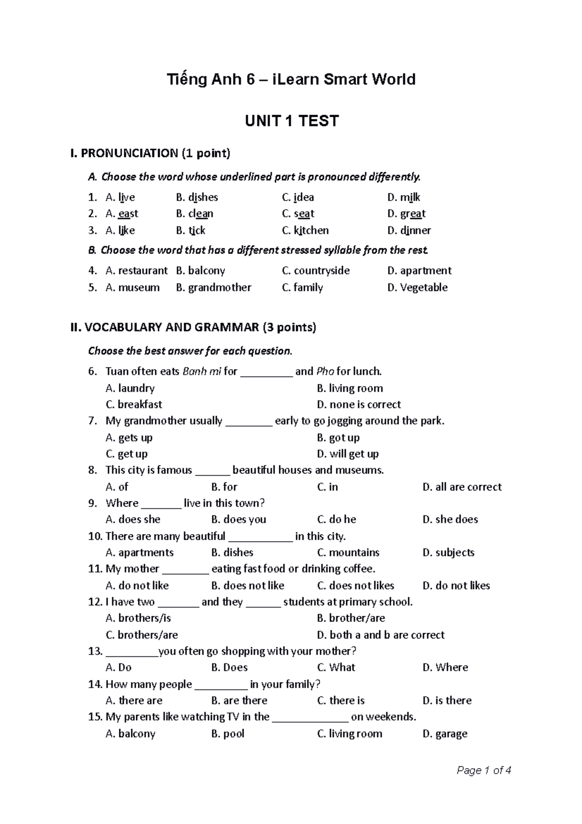 Tiếng Anh 6 - Smart World Unit 1 Test: Pronunciation & Grammar - Studocu