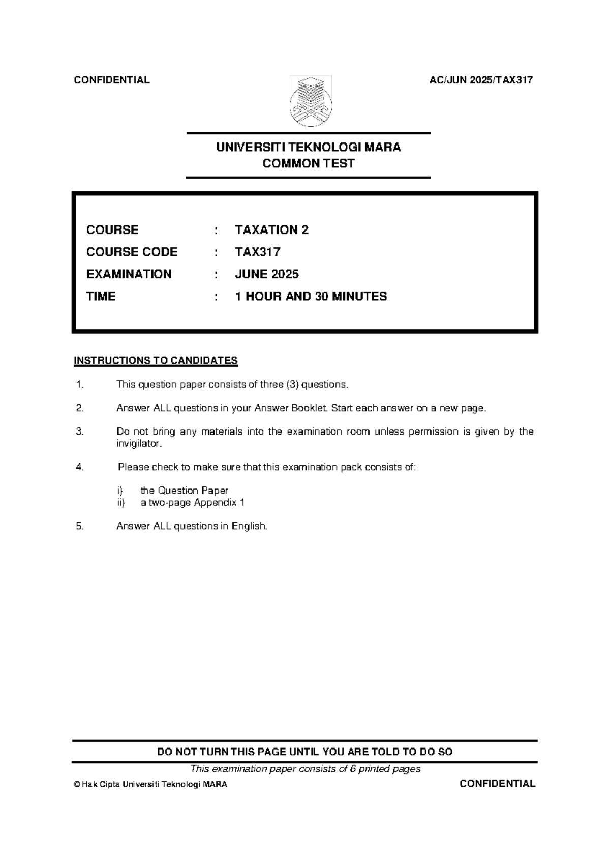 Taxation 2 Common Test (TAX317) - June 2025 Examination Paper - Document Preview