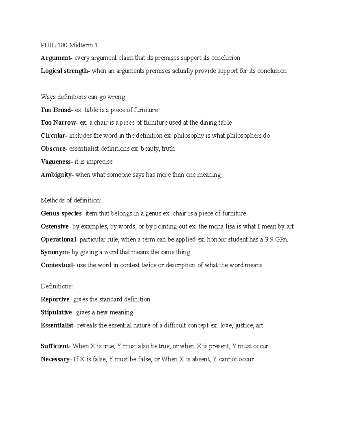 PHIL 100 Midterm 1 Study Notes on Arguments and Definitions - Studocu