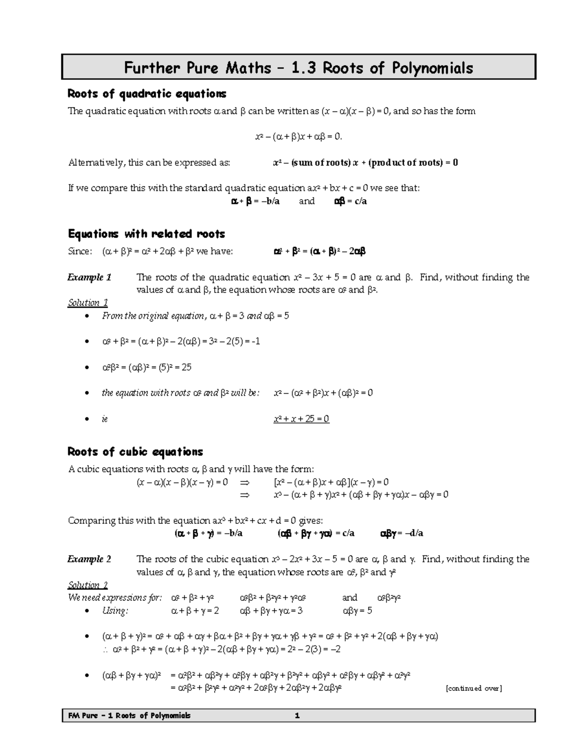 Further Maths A Level - Roots of Polynomials: Notes & Exercises - Studocu