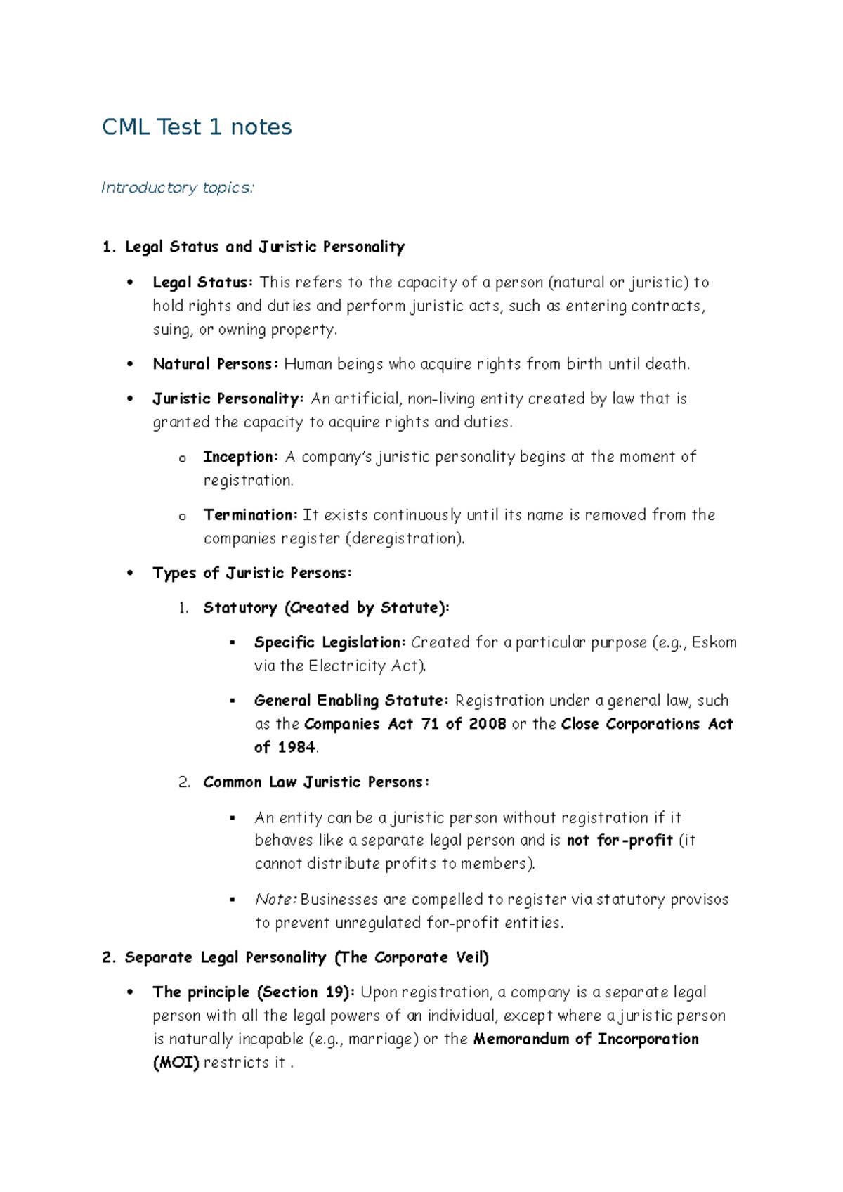 Company Law Test 1 Summary: Key Concepts and Legal Principles - Studocu