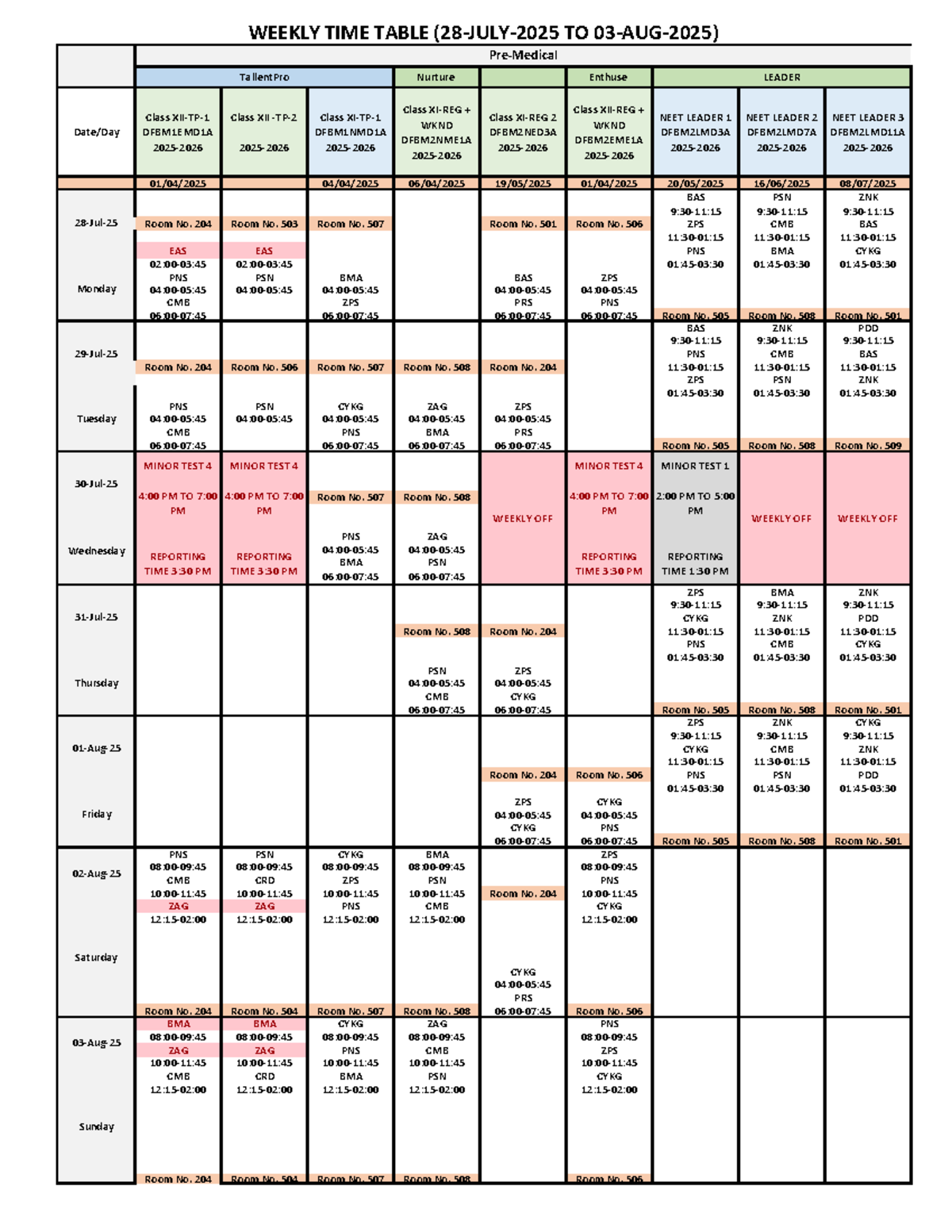 NEET Weekly Time Table DFBM2LMD1A (28 July - 03 Aug) - Studocu