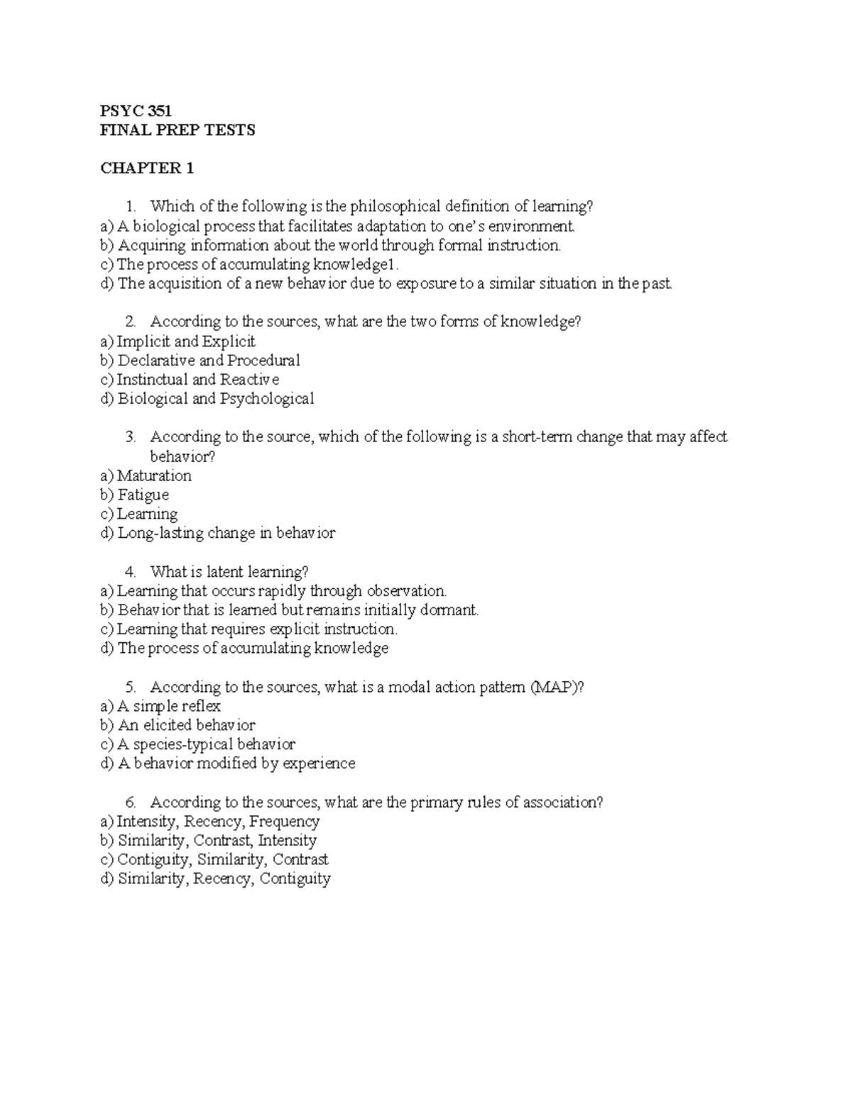 PSYC 351 FINAL EXAM PRACTICE TESTS: LEARNING THEORIES & CONCEPTS - Studocu