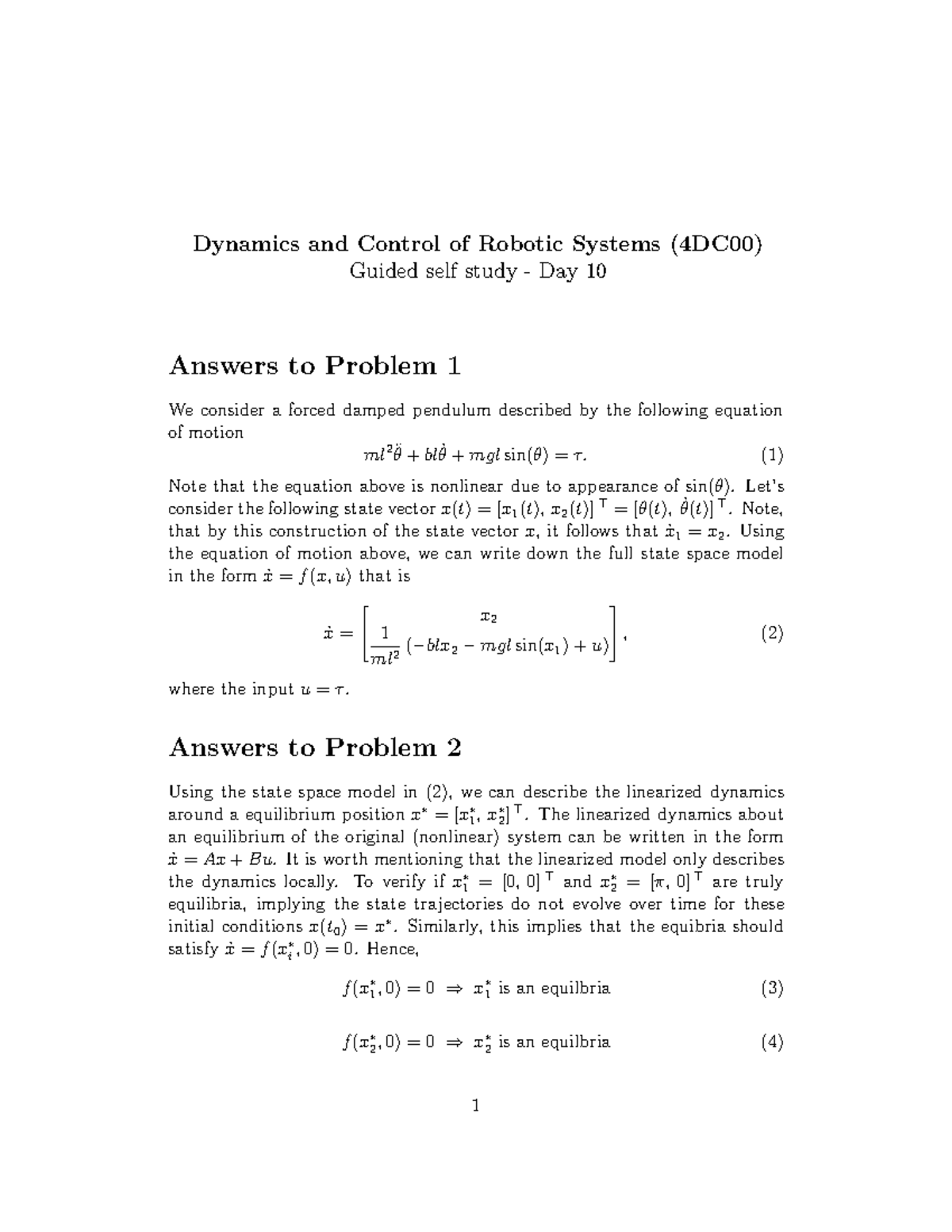 10 Problems Solutions for Dynamics and Control of Robotic Systems ...