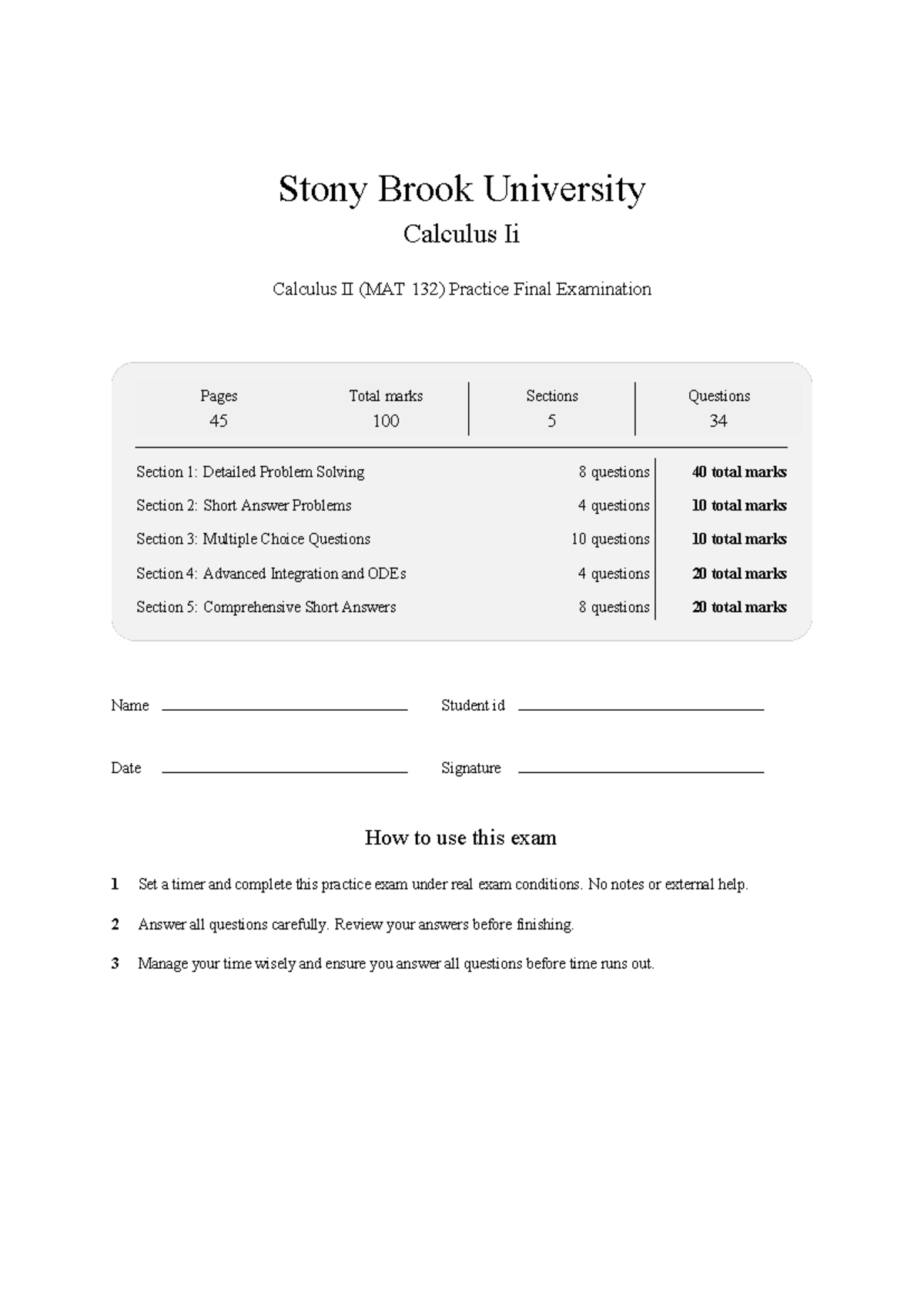MAT 132 Calculus II SBU Practice Final Exam 2026 - Studocu