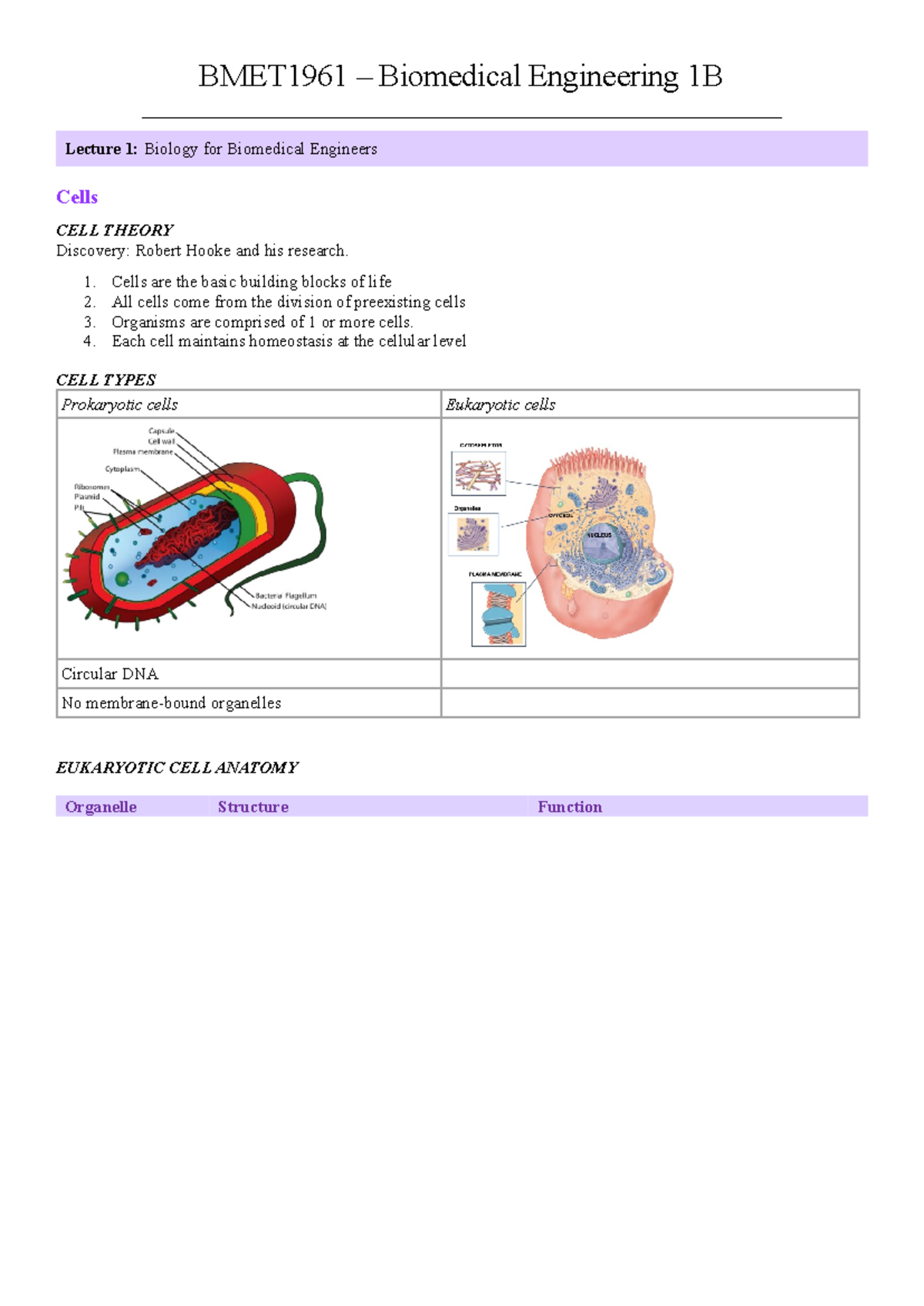 BMET1961 Biomedical Engineering 1B Lecture Notes: Cells, Tissues, and ...