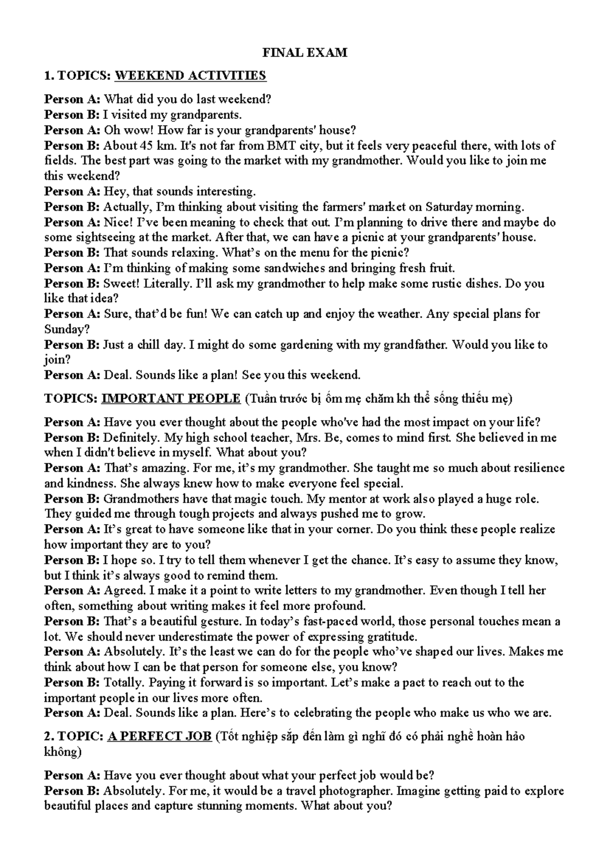 FINAL EXAM SPEAKING NOTES - WEEKEND ACTIVITIES & MORE - Studocu
