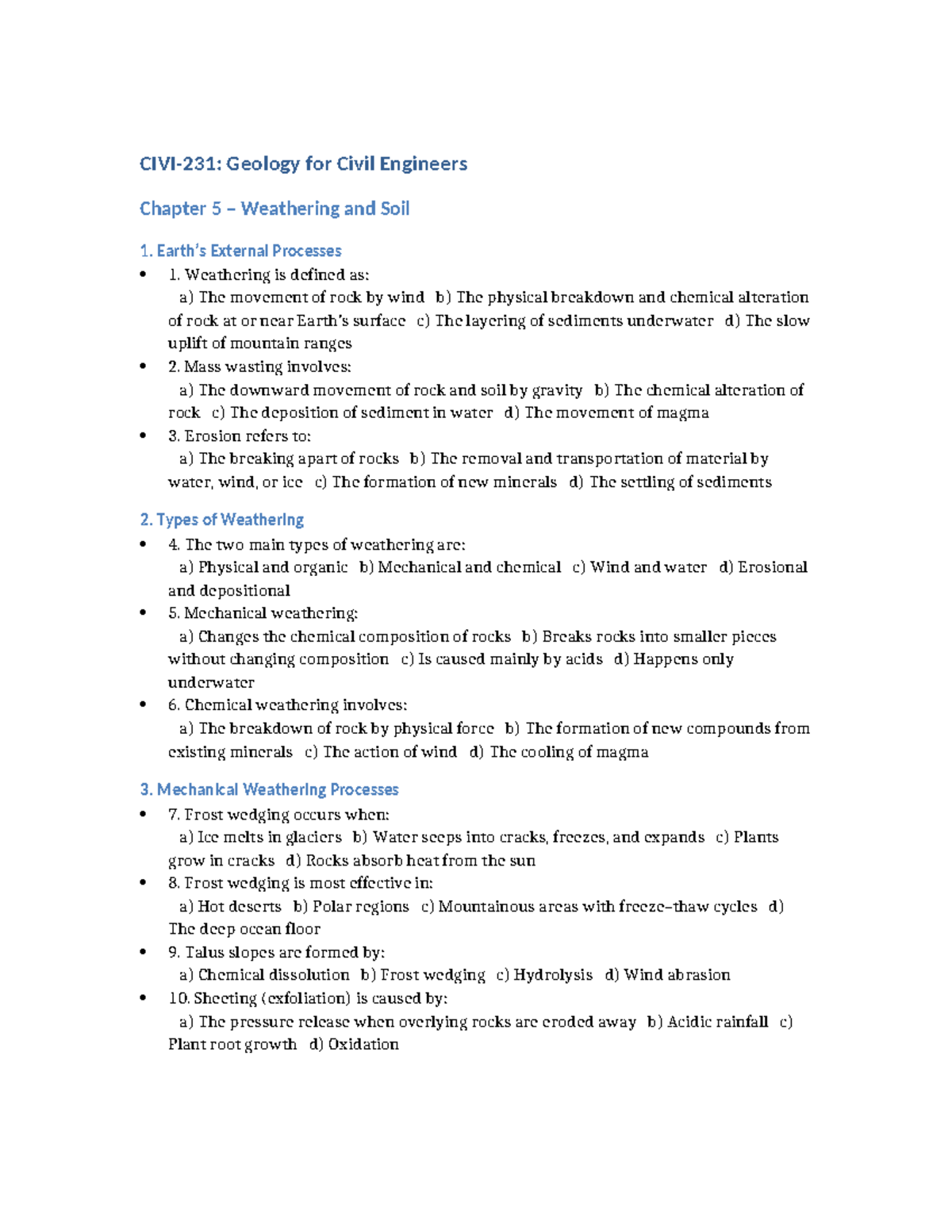 Geology for Civil Engineers (GEOL 101) Chapter 5 MCQs on Weathering and ...