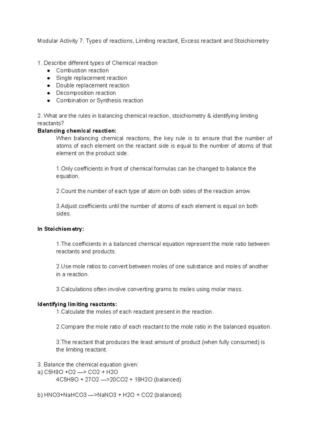 Modular Activity 7- Types of reactions - 1 coefficients in front of ...