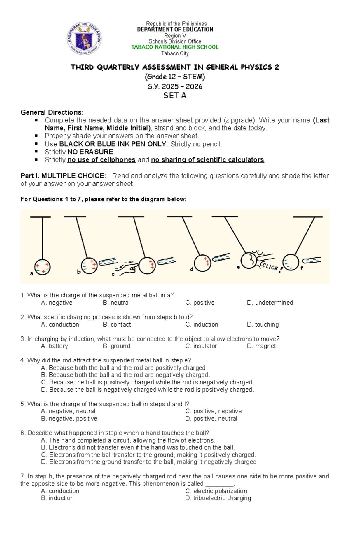3rd Quarterly Assessment in General Physics 2 (Grade 12 STEM) SET A ...
