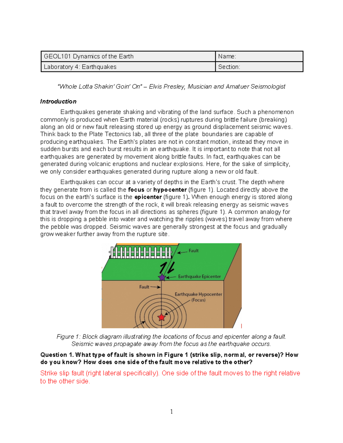 GEOL101 Lab 4 Earthquakes Key - GEOL101 Dynamics of the Earth Name ...