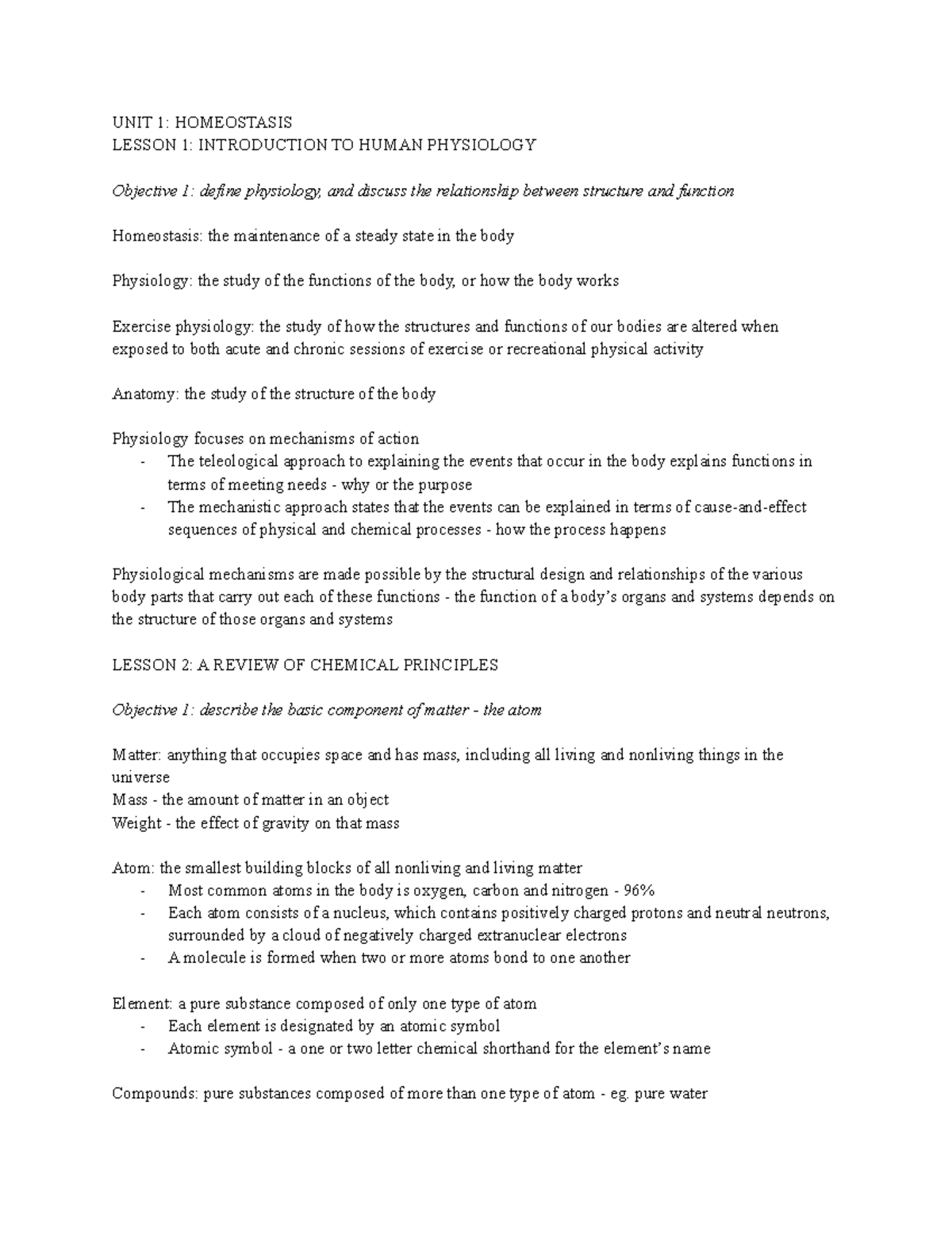 Unit 1 - Lecture Notes on Homeostasis in Human Physiology - Studocu