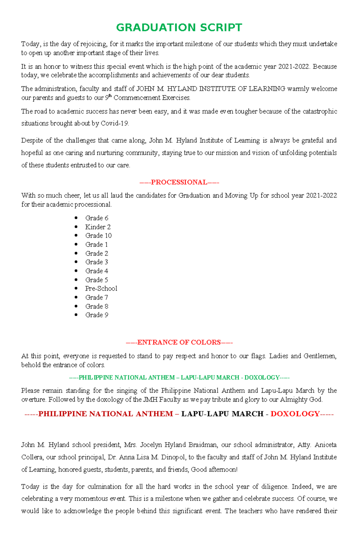 Graduation Script - GRADUATION SCRIPT Today, is the day of rejoicing ...