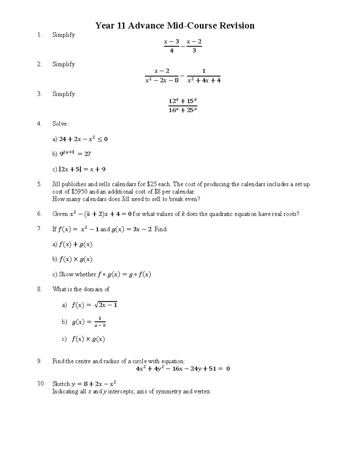 Year 11 Advanced Math Mid-Course Revision Notes - Studocu