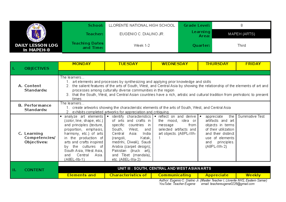 Q3-DLL MAPEH 8 Week 1 Lesson Log: Arts of South, Central & West Asia ...