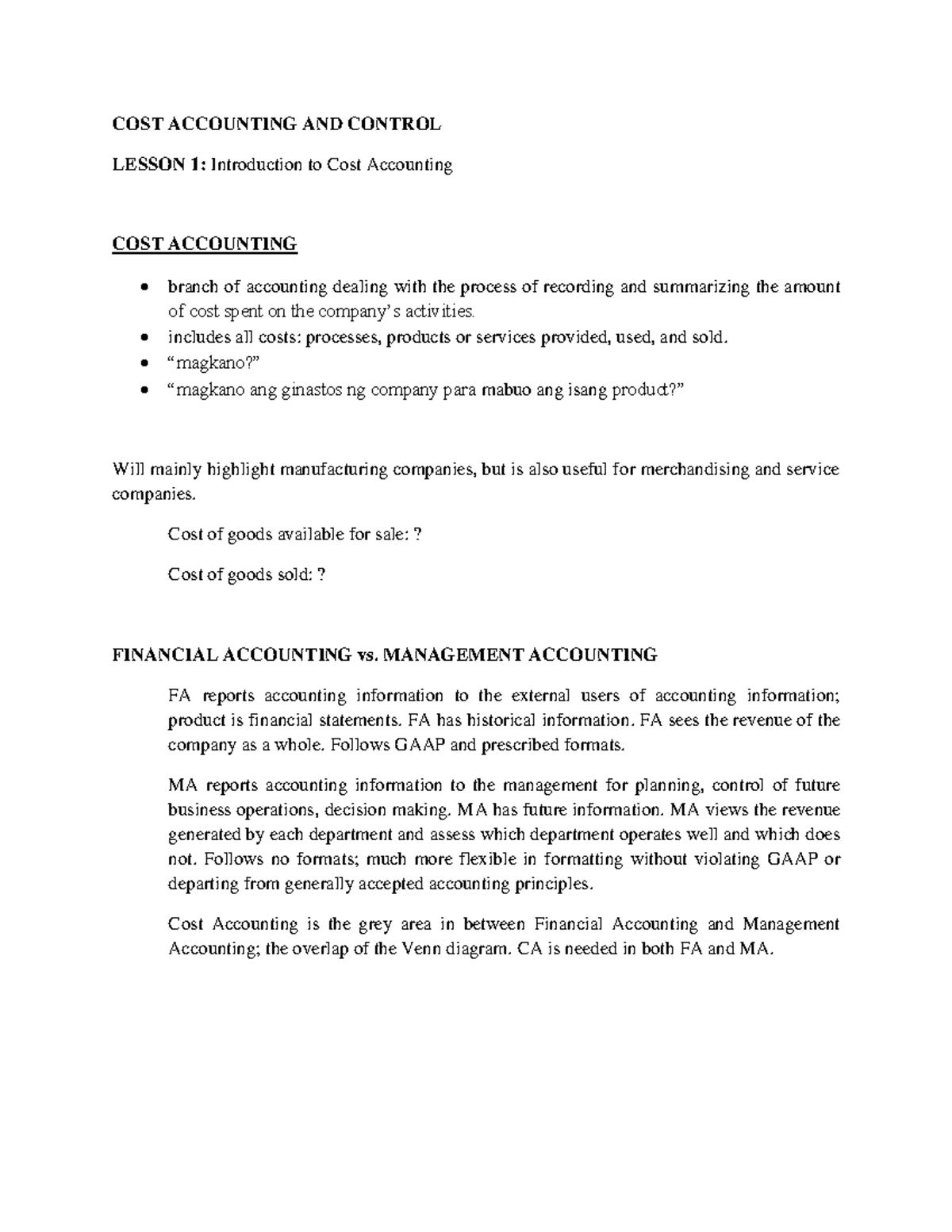 COST ACCOUNTING 101: Comprehensive Review and Key Concepts - Studocu