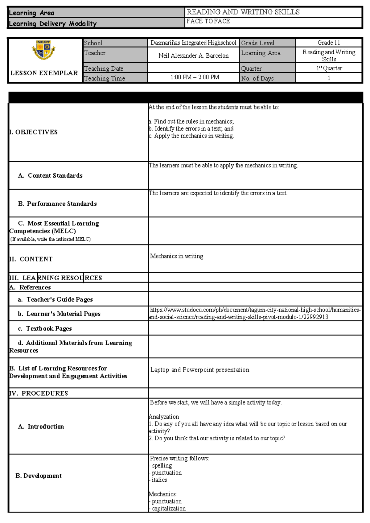 Grade 11 READING AND WRITING SKILLS Daily Lesson Plan (Q1) - Studocu