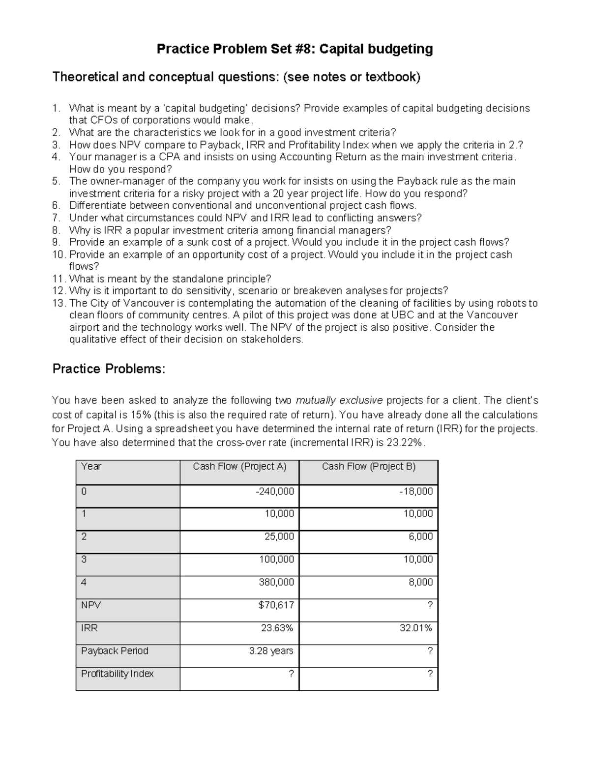 Capital Budgeting - Practice Exercises and Problem Set #8 - Studocu