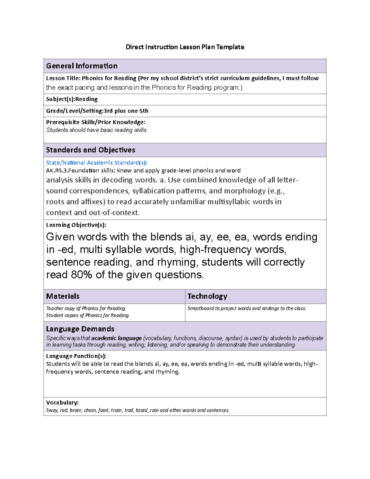 Lesson plan 4 - Direct Instruc,on Lesson Plan Template General Informa ...