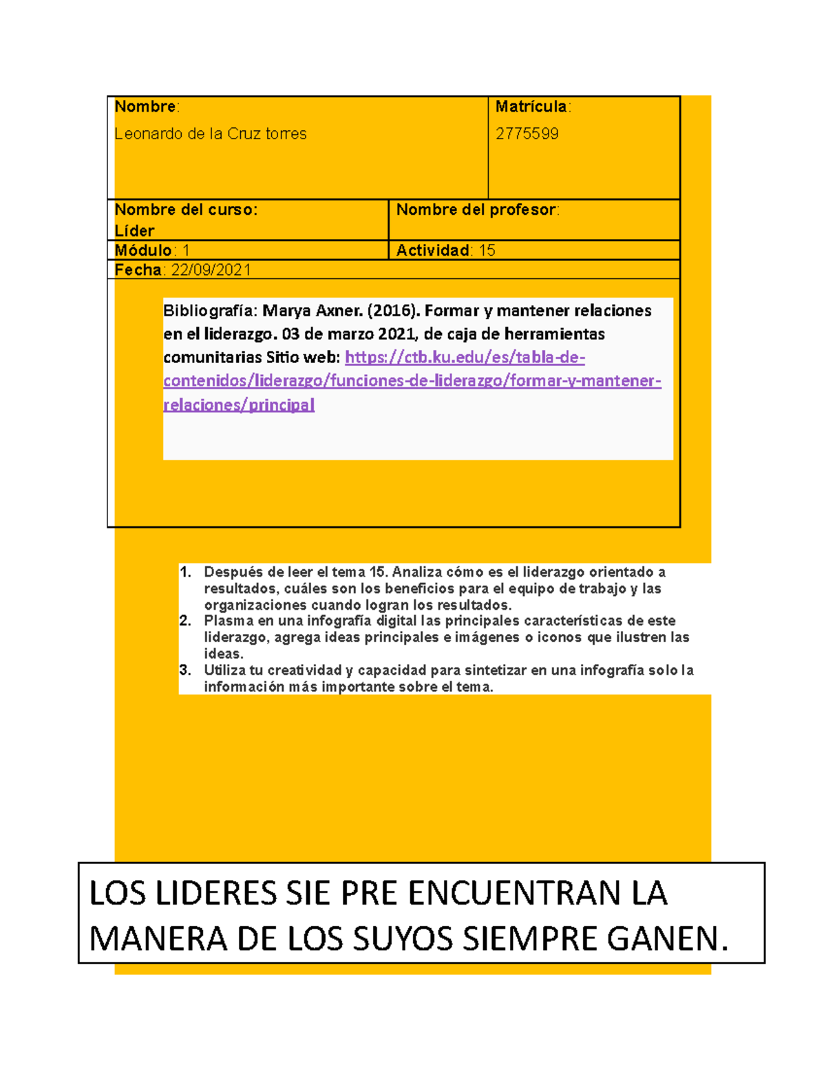 Actividad 15 Lider desde adentro - Nombre: Leonardo de la Cruz torres ...