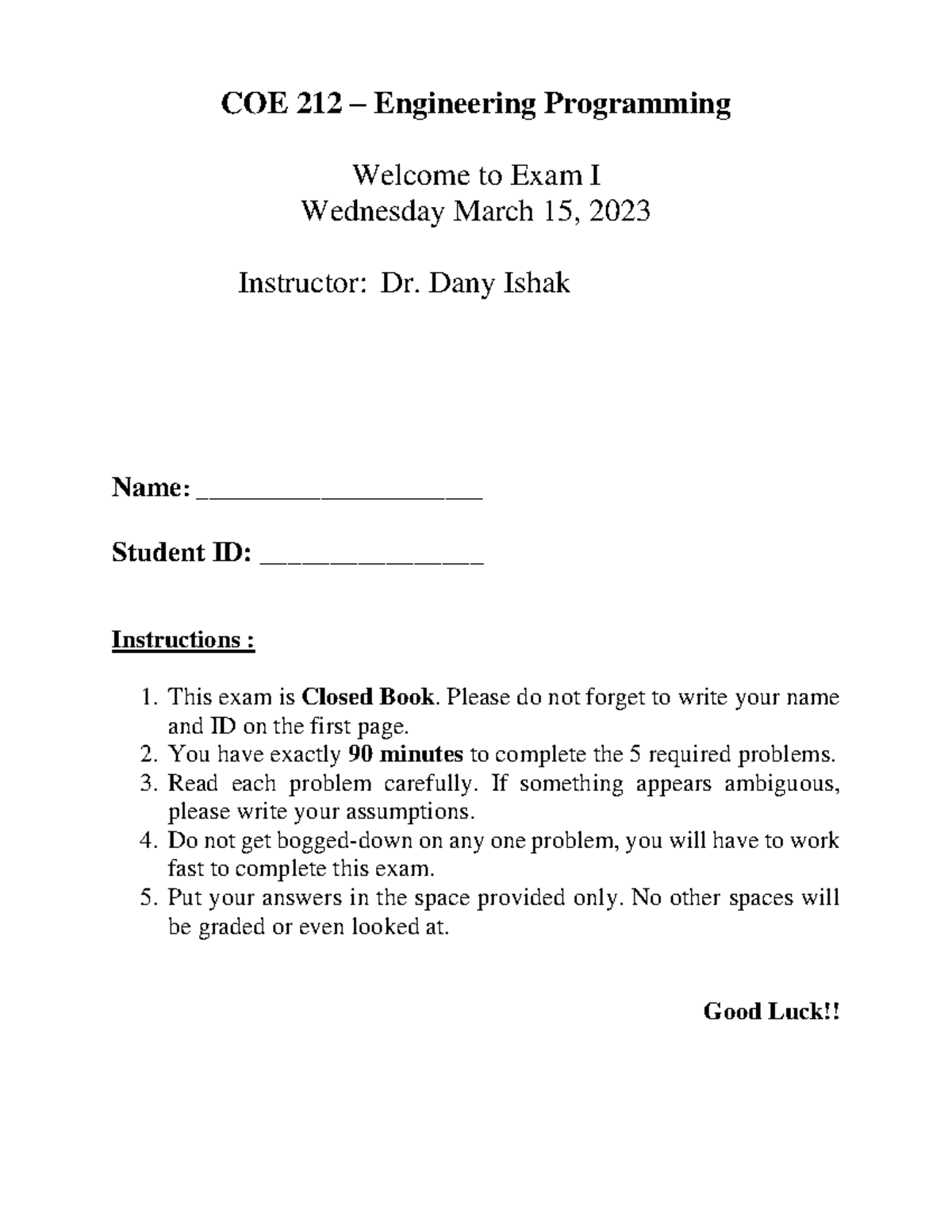 COE 212 Exam I Solutions - Spring 2023 Guide - Studocu