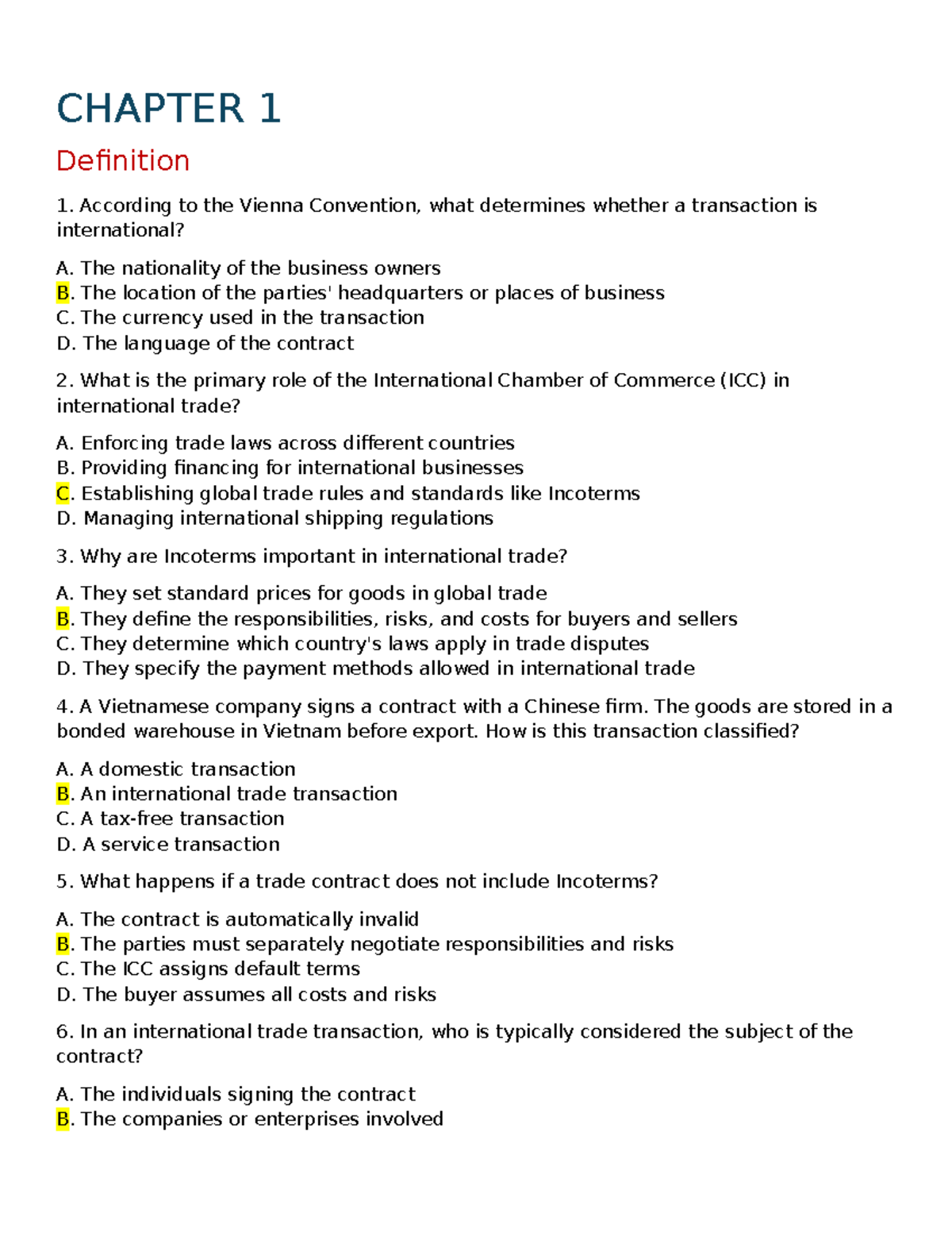International Trade MCQs: Chapter 1 Overview (Course Code: ITT101 ...