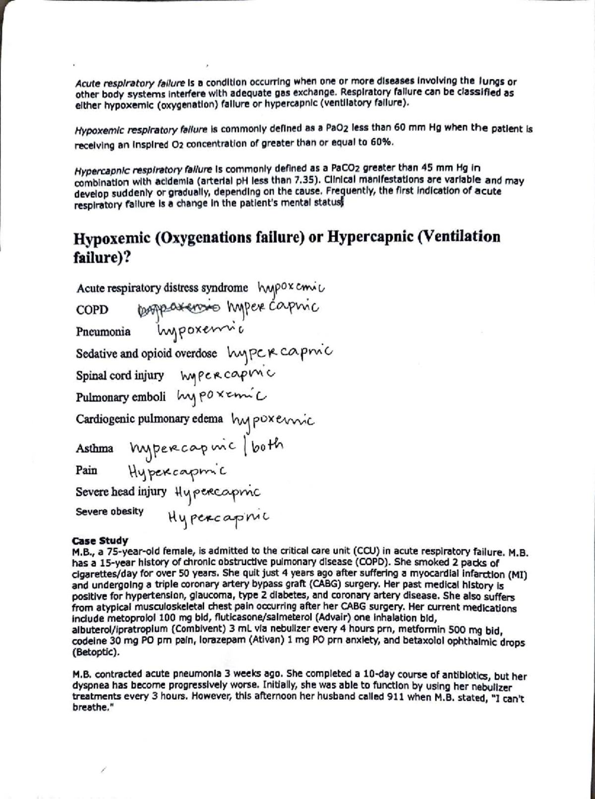 Acute respiratory failure case study: Week 1 active learning notes ...