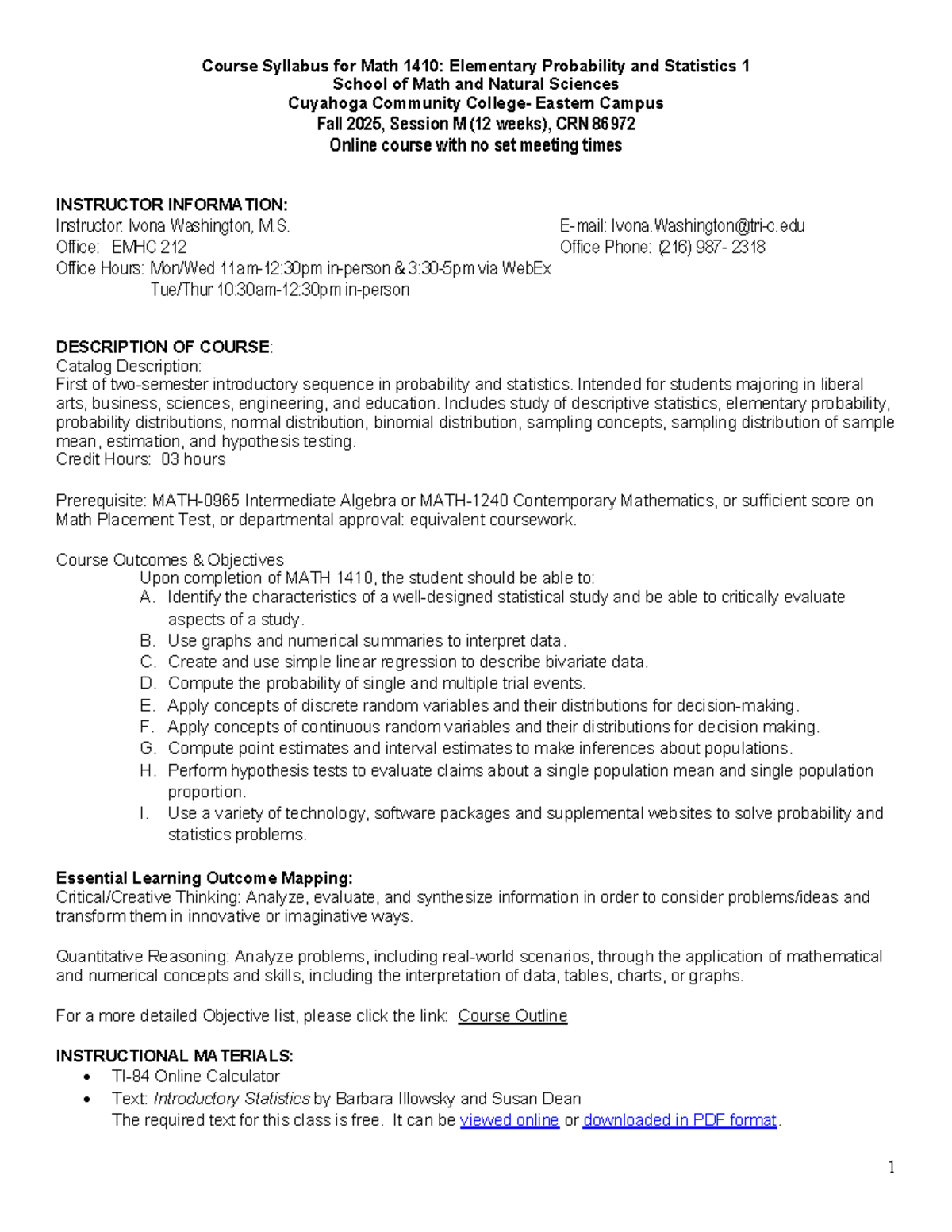 Math 1410 Syllabus: Intro to Probability & Statistics - Fall 2025 - Studocu