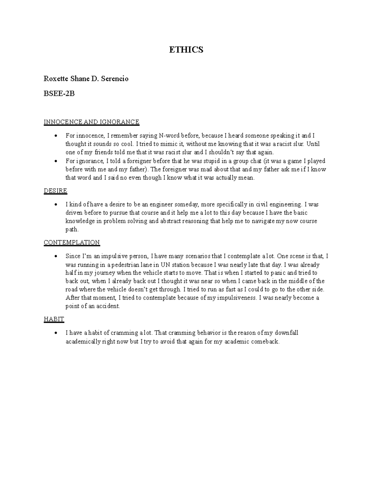 ETHICS 101: Reflections on Innocence, Desire, and Habit - Studocu