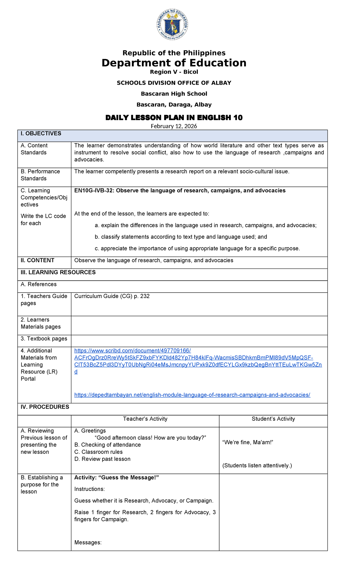 EN10G-IVB-32: Daily Lesson Plan on Language in Research & Advocacy ...