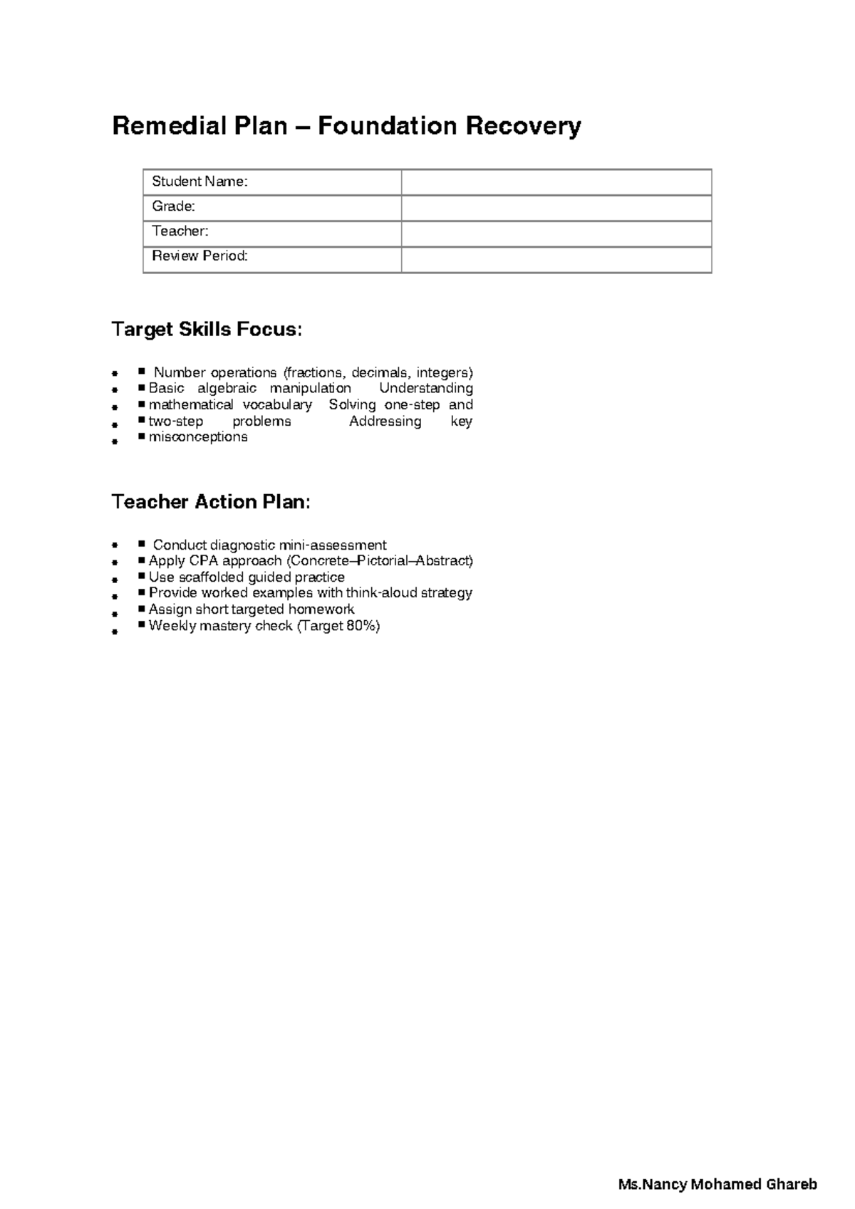 Remedial Plan for Math Recovery: Individual Intervention Sheets - Studocu