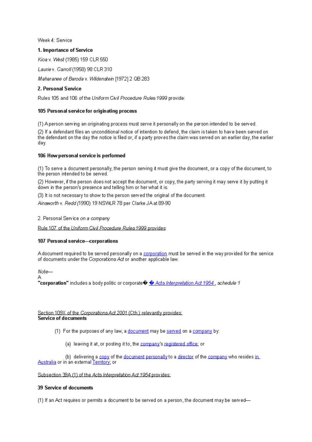 Week 4 Lecture Notes on Service - Law Course (UCPR Overview) - Studocu