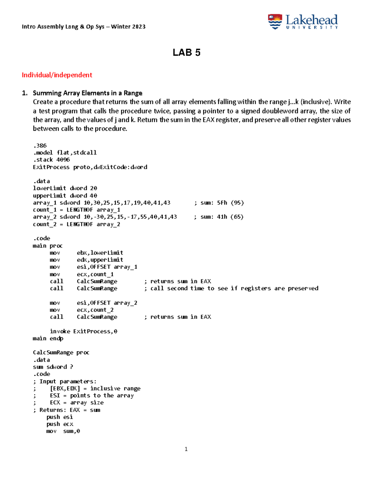 Lab 5 - Summing Array Elements Procedures and Example Code - Studocu
