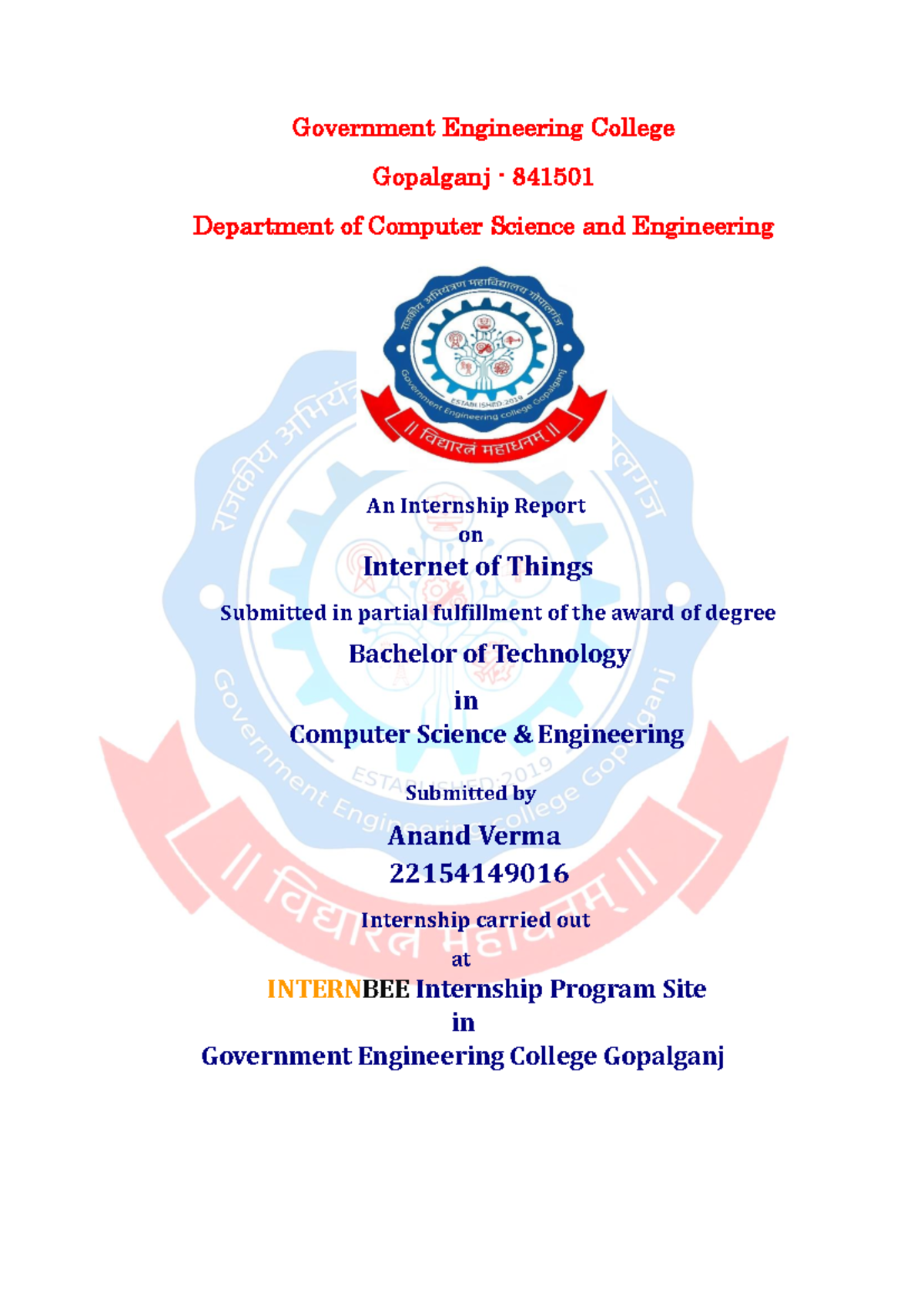 Internship Report on IoT - B.Tech CSE - GEC Gopalganj - Studocu